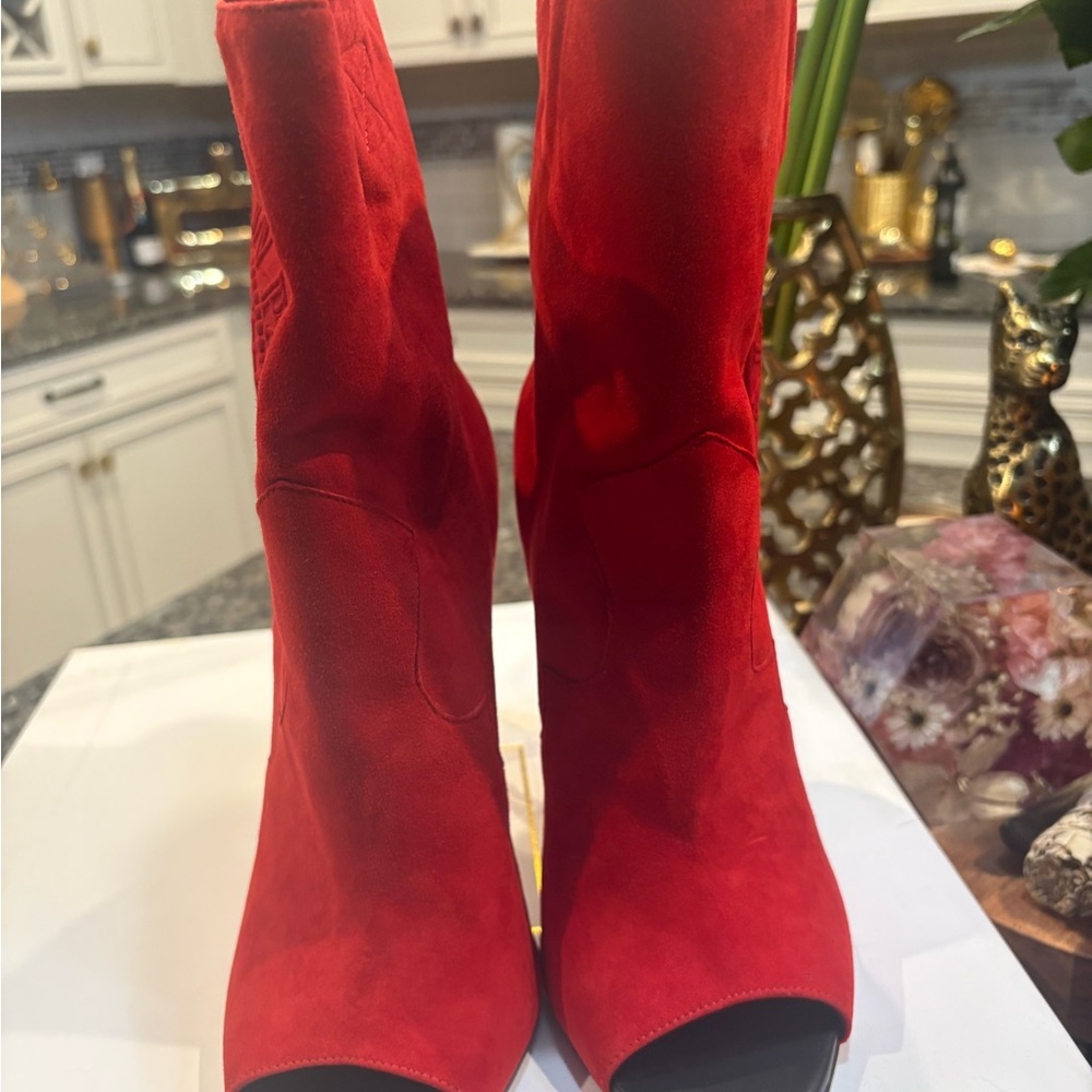 Balmain Paris Red Suede Peep Toe Heeled Boots 🔥